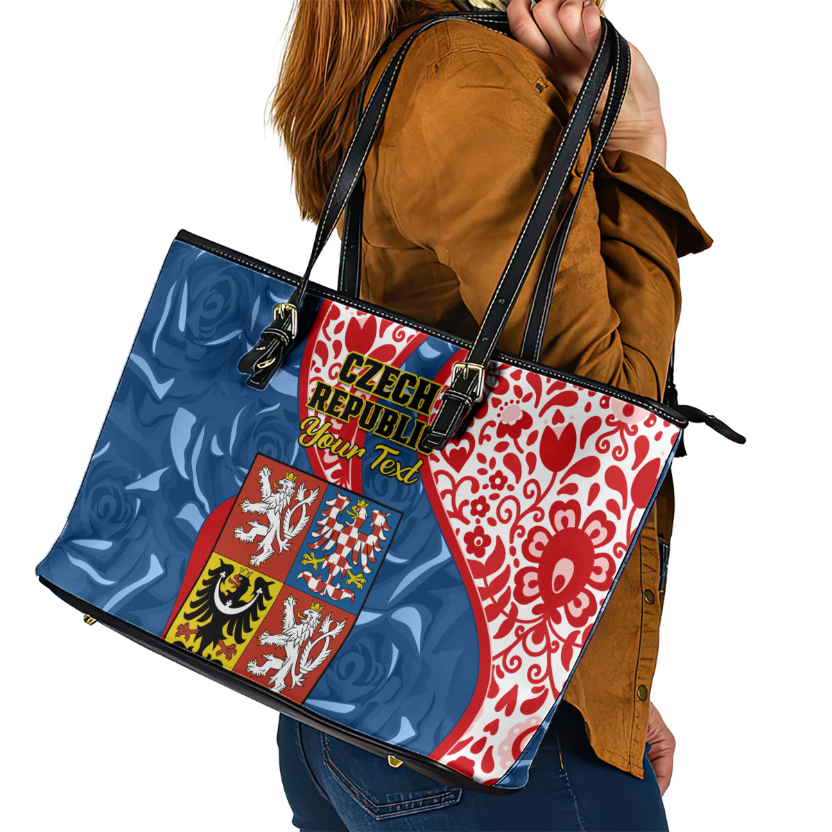 Personalised Czech Republic Independence Day Leather Tote Bag Czechia Coat Of Arms Embroidery Motif LT01
