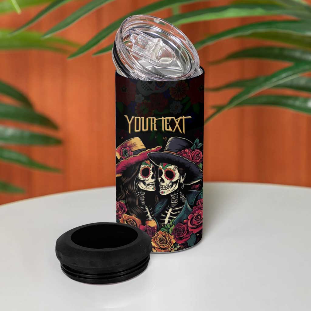 Personalised Sugar Skull Couple Valentine 4 in 1 Can Cooler Tumbler Roses Romantic Love LT01