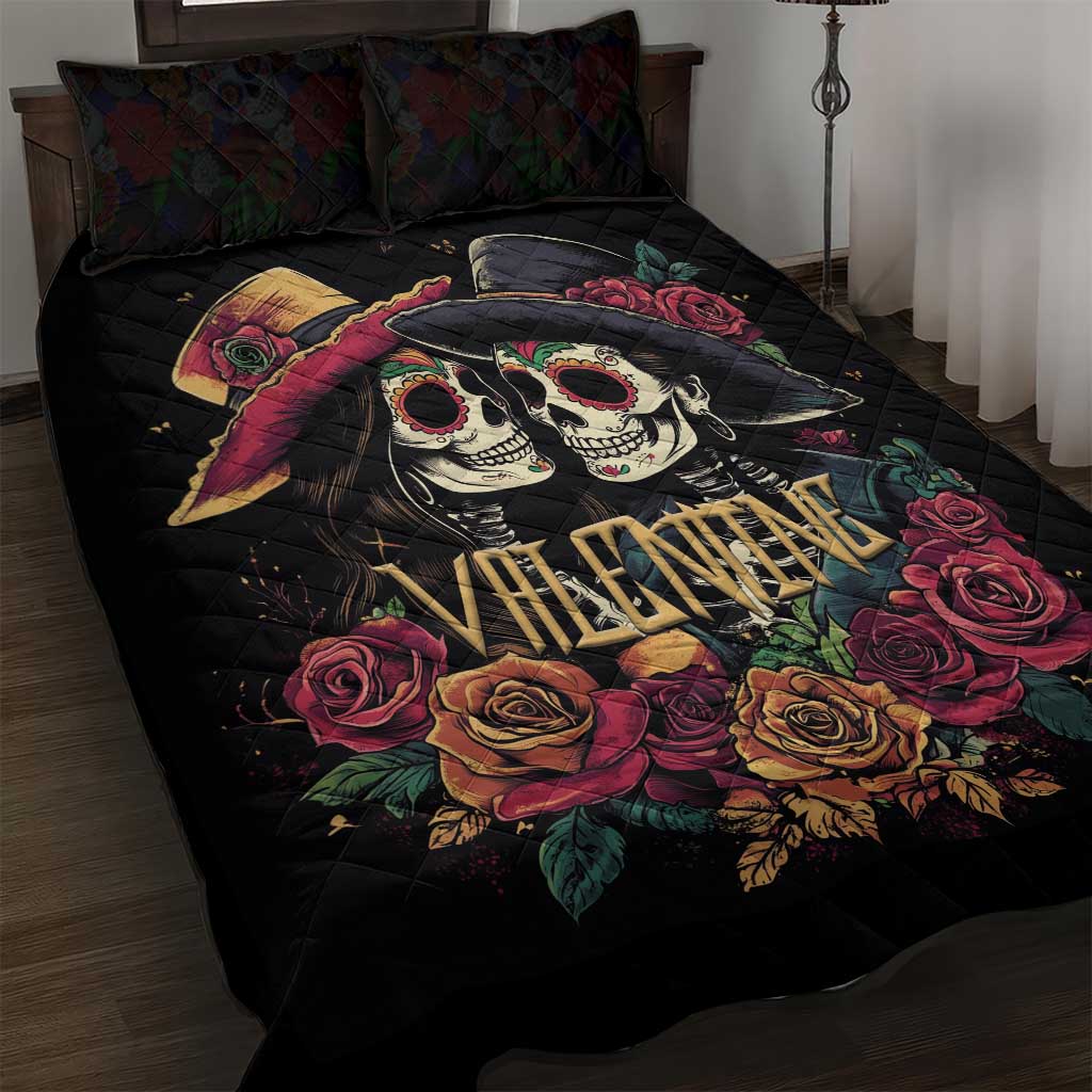Sugar Skull Couple Valentine Quilt Bed Set Roses Romantic Love LT01