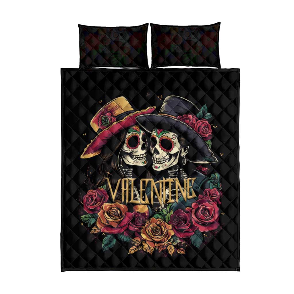 Sugar Skull Couple Valentine Quilt Bed Set Roses Romantic Love LT01