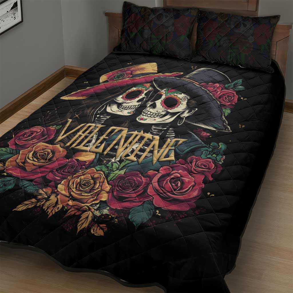 Sugar Skull Couple Valentine Quilt Bed Set Roses Romantic Love LT01