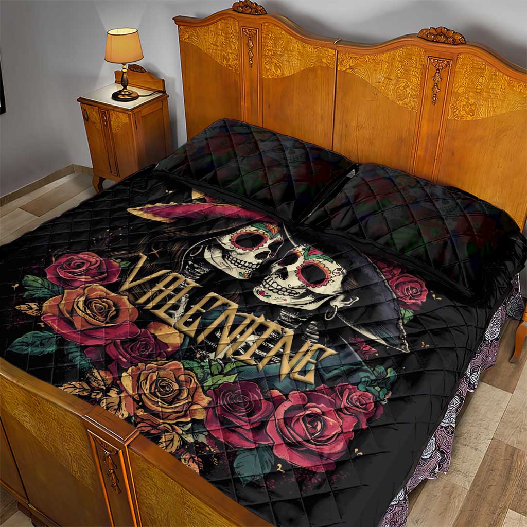 Sugar Skull Couple Valentine Quilt Bed Set Roses Romantic Love LT01