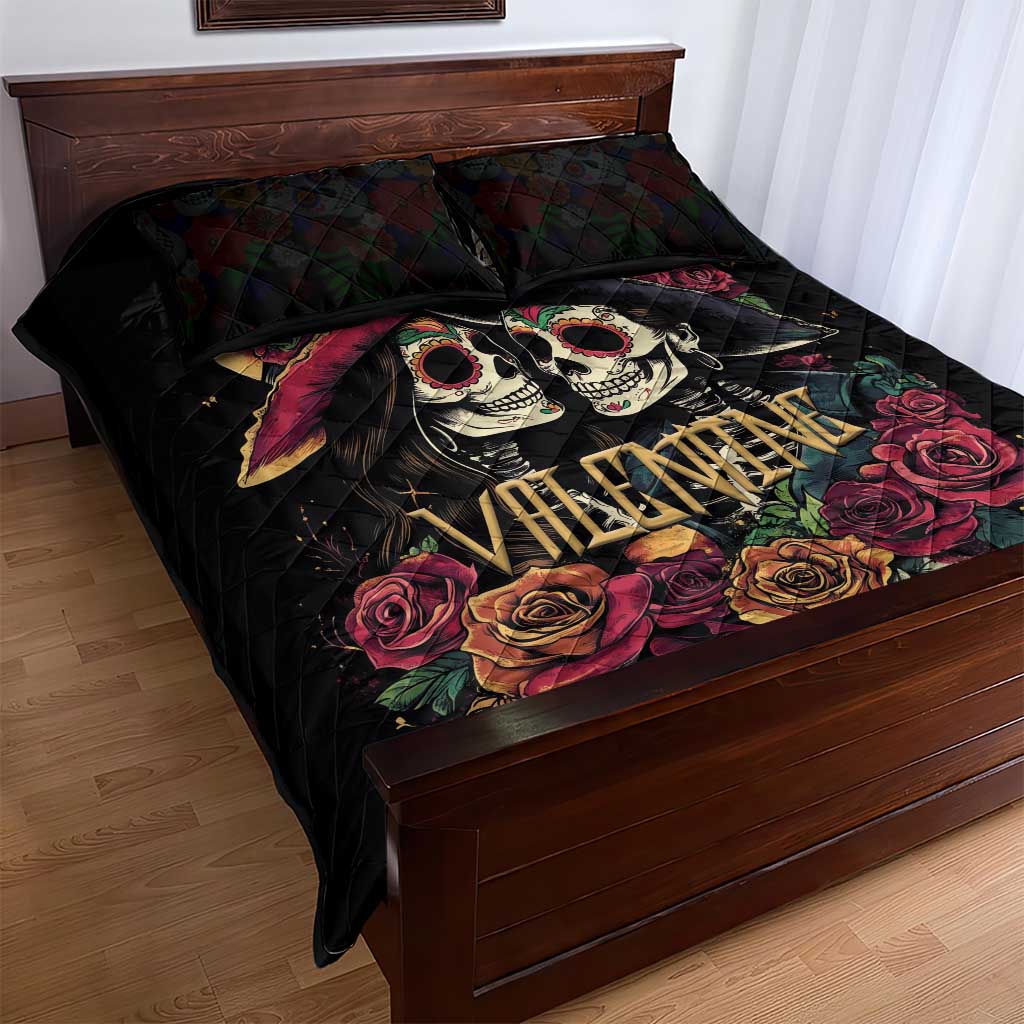 Sugar Skull Couple Valentine Quilt Bed Set Roses Romantic Love LT01