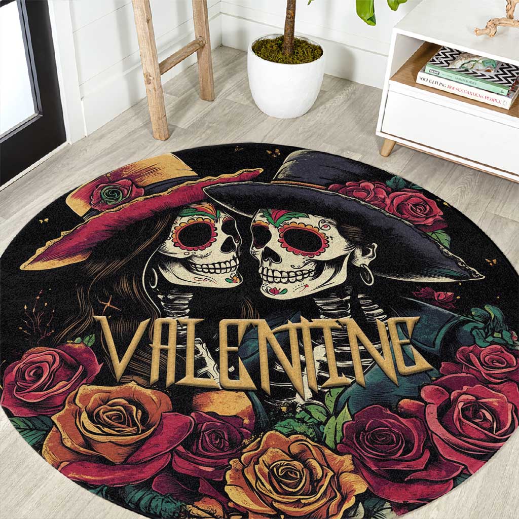 Sugar Skull Couple Valentine Round Carpet Roses Romantic Love LT01