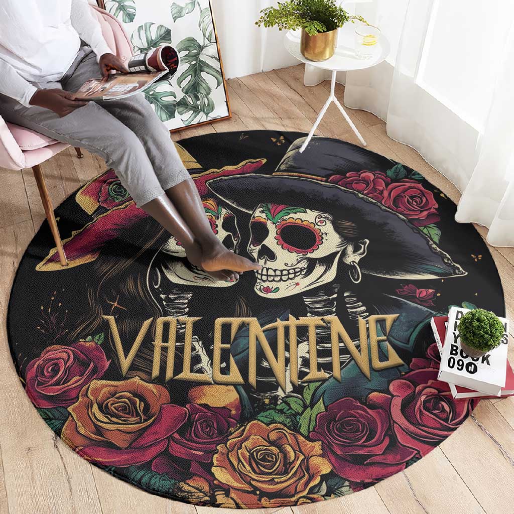 Sugar Skull Couple Valentine Round Carpet Roses Romantic Love LT01
