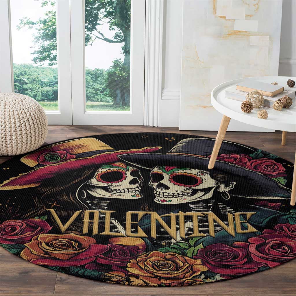 Sugar Skull Couple Valentine Round Carpet Roses Romantic Love LT01
