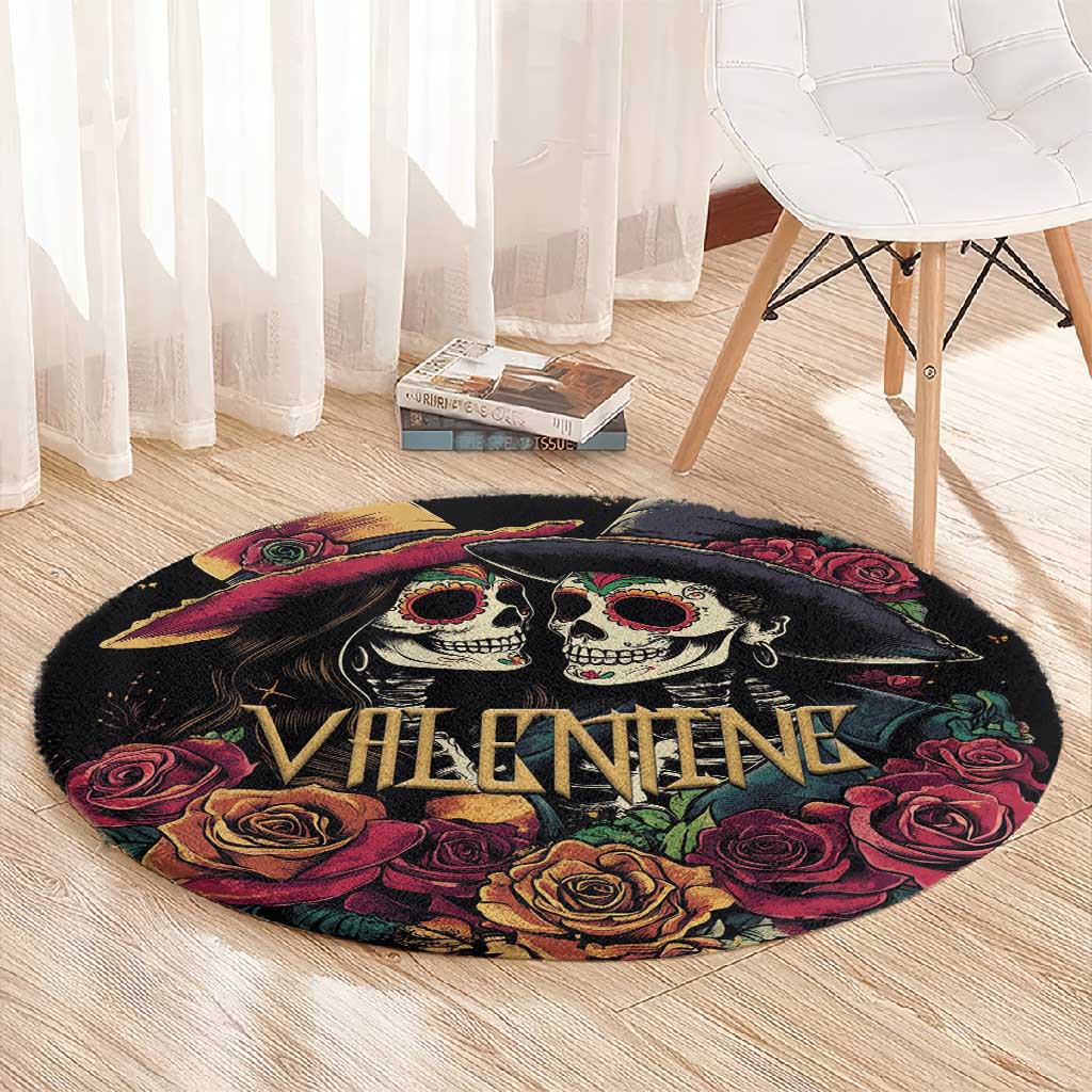 Sugar Skull Couple Valentine Round Carpet Roses Romantic Love LT01