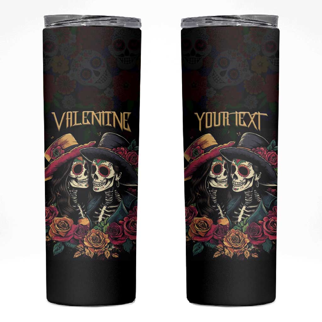 Personalised Sugar Skull Couple Valentine Skinny Tumbler Roses Romantic Love LT01