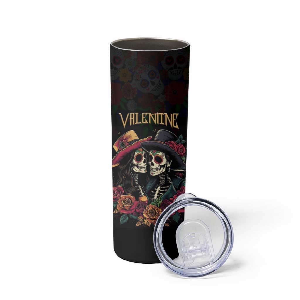 Personalised Sugar Skull Couple Valentine Skinny Tumbler Roses Romantic Love LT01