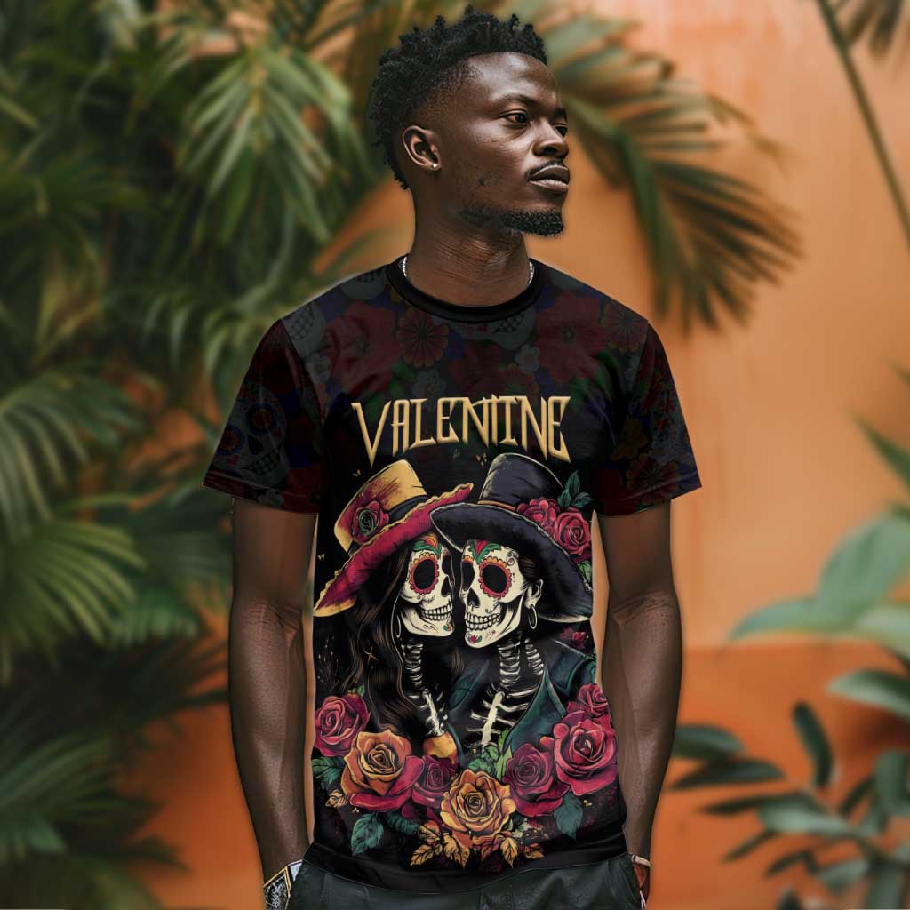 Personalised Sugar Skull Couple Valentine T shirt Roses Romantic Love LT01