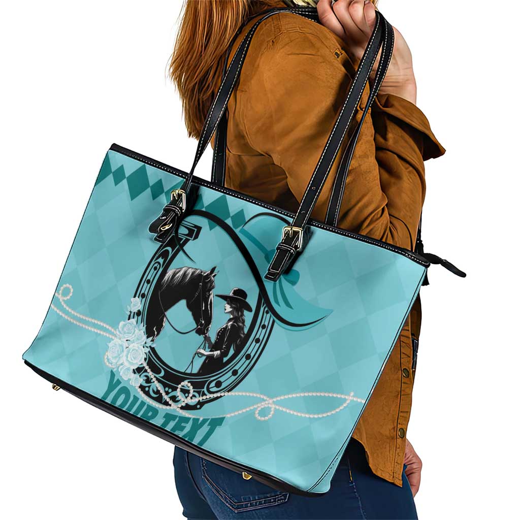 Personalized Kentucky Horse Racing Leather Tote Bag Beauty and The Horse Teal Version LT01