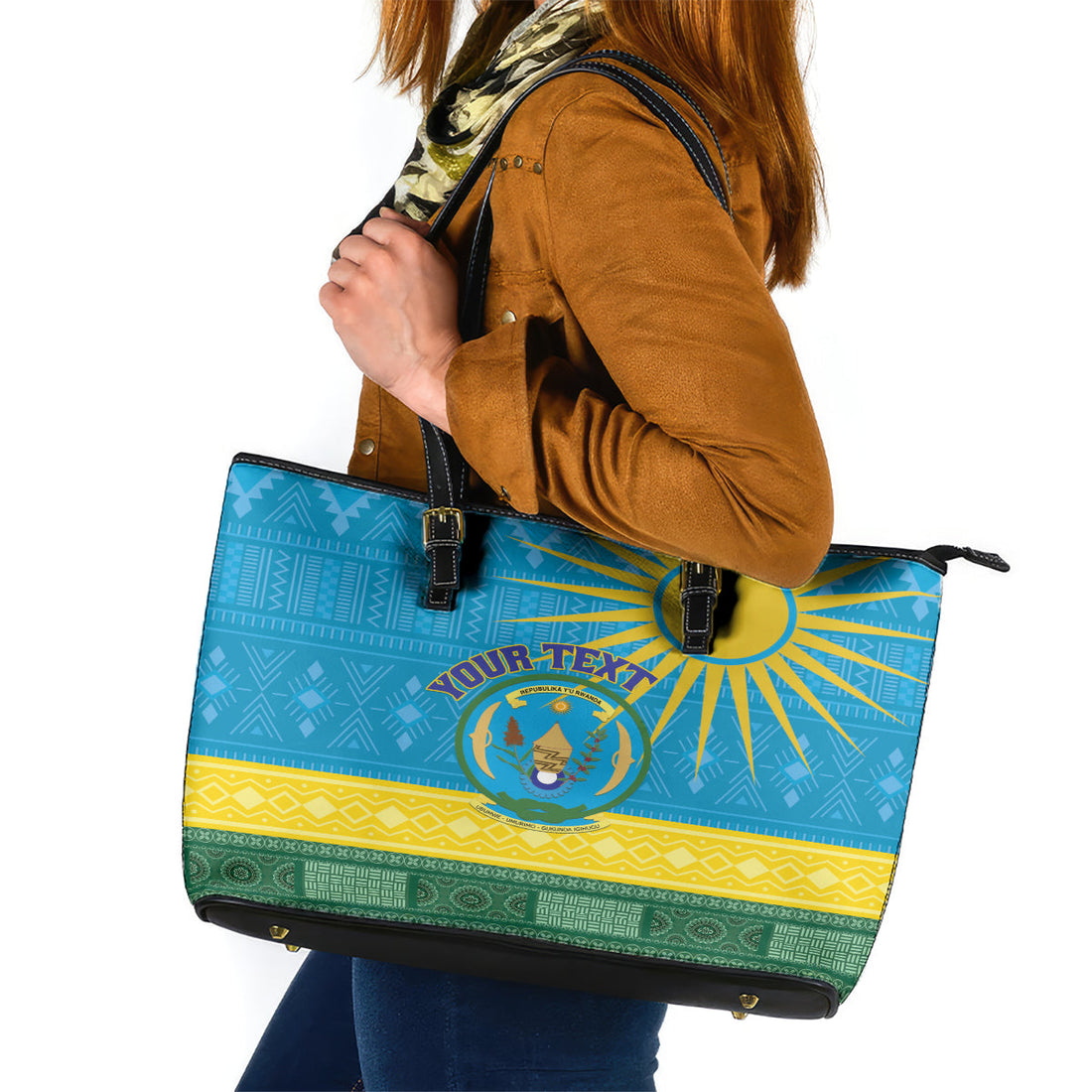 Personalized Rwanda Leather Tote Bag Coat of Arms With African Pattern LT01