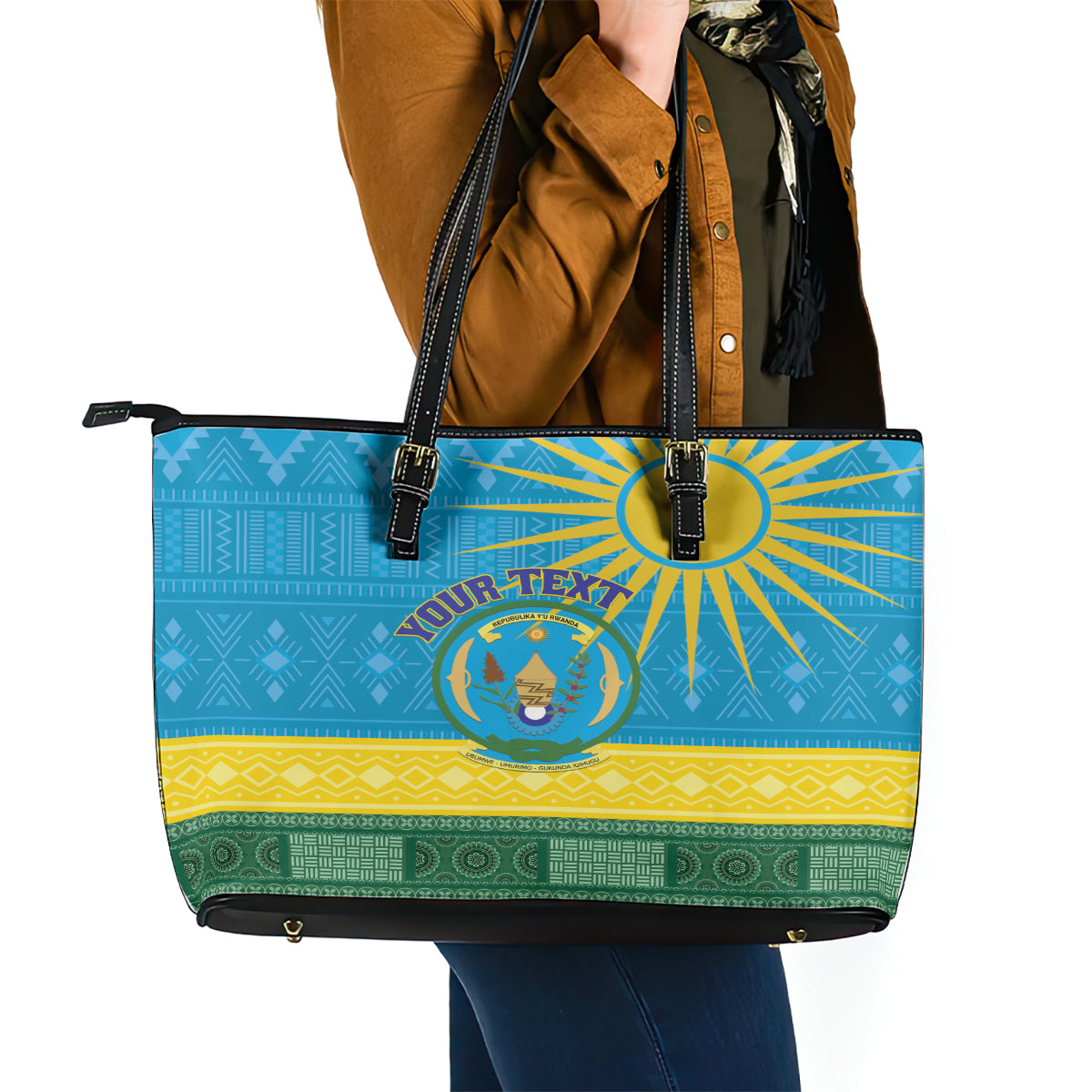 Personalized Rwanda Leather Tote Bag Coat of Arms With African Pattern LT01