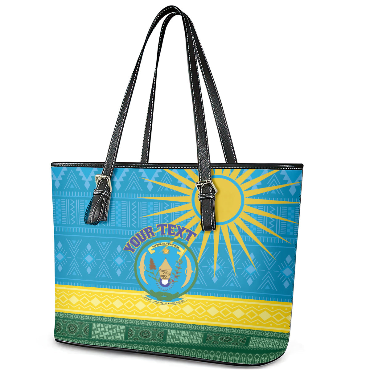 Personalized Rwanda Leather Tote Bag Coat of Arms With African Pattern LT01