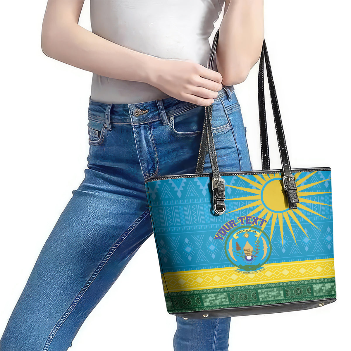 Personalized Rwanda Leather Tote Bag Coat of Arms With African Pattern LT01