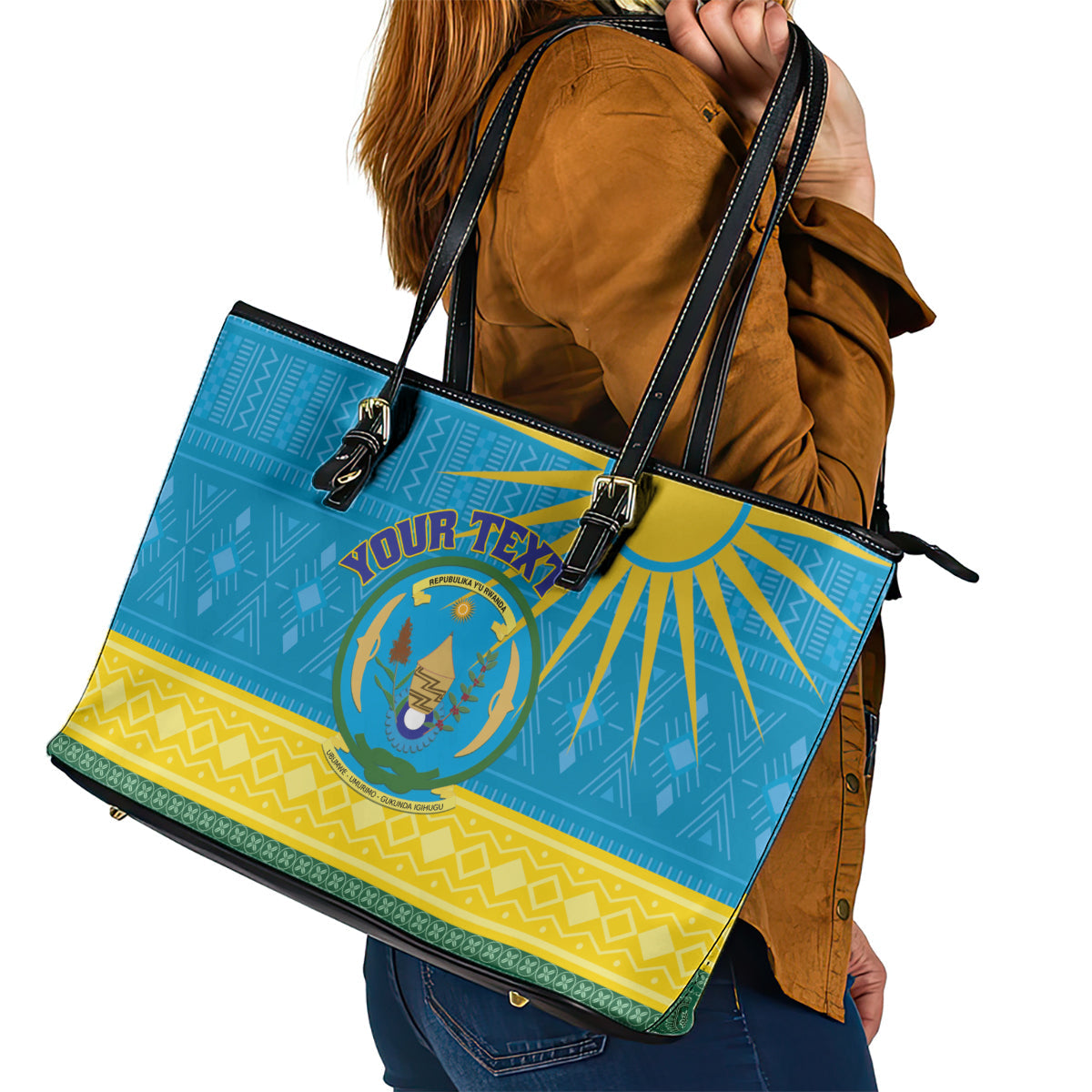 Personalized Rwanda Leather Tote Bag Coat of Arms With African Pattern LT01