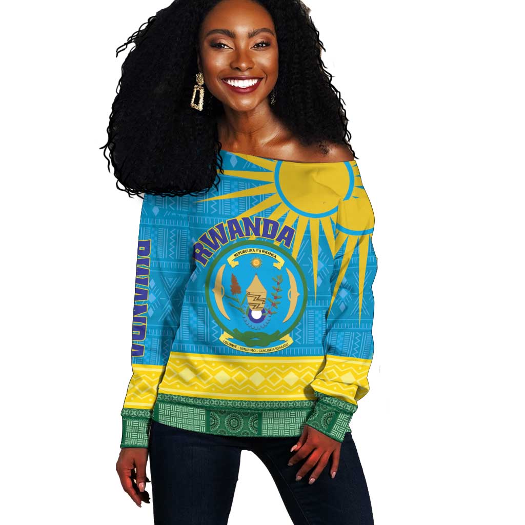 Personalized Rwanda Off Shoulder Sweater Coat of Arms With African Pattern LT01