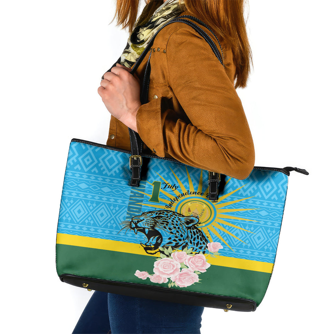Rwanda Independence Day Leather Tote Bag Leopard With Roses LT01