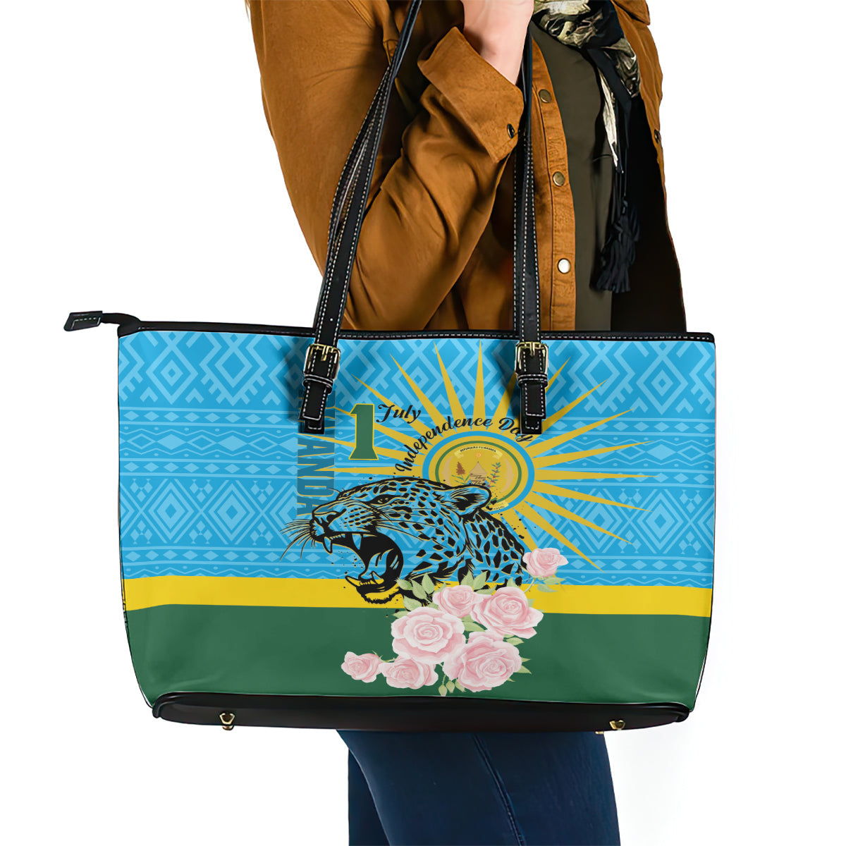 Rwanda Independence Day Leather Tote Bag Leopard With Roses LT01