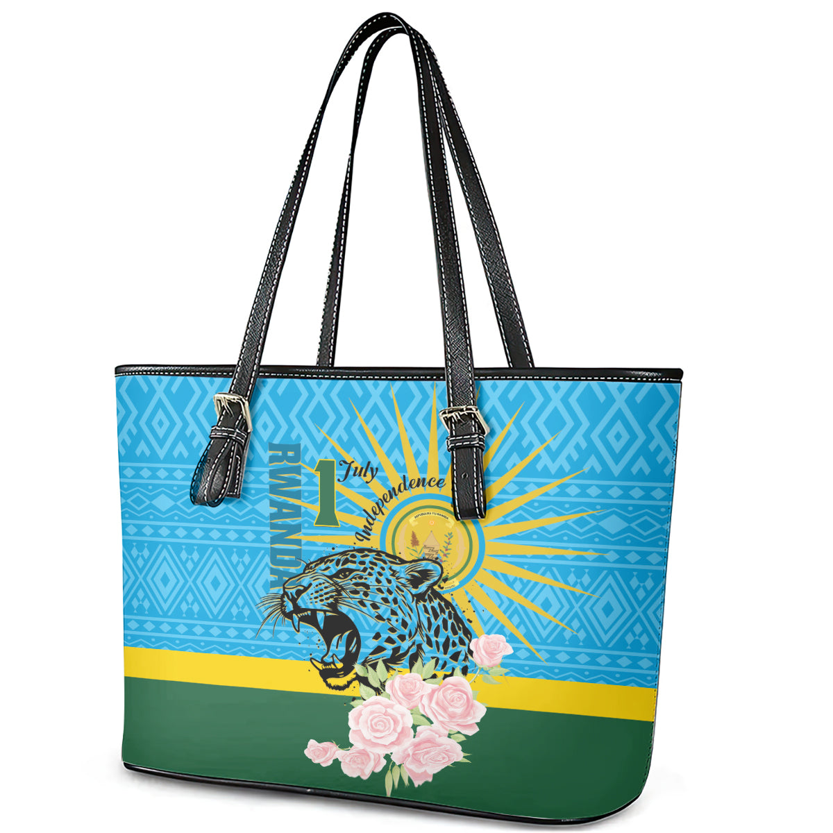 Rwanda Independence Day Leather Tote Bag Leopard With Roses LT01