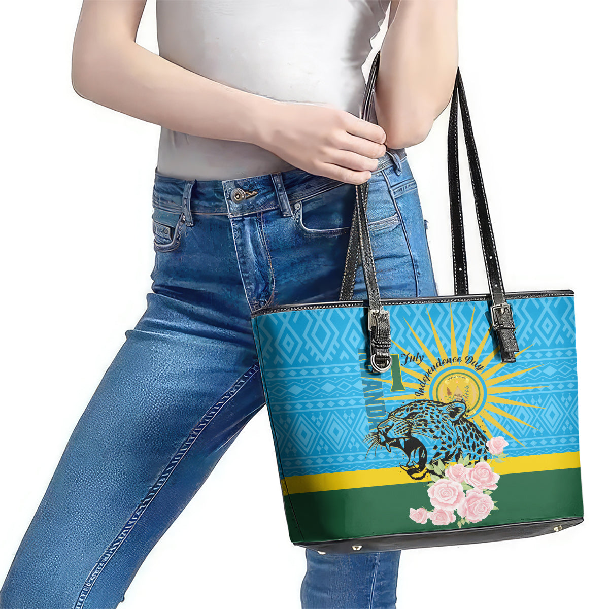Rwanda Independence Day Leather Tote Bag Leopard With Roses LT01