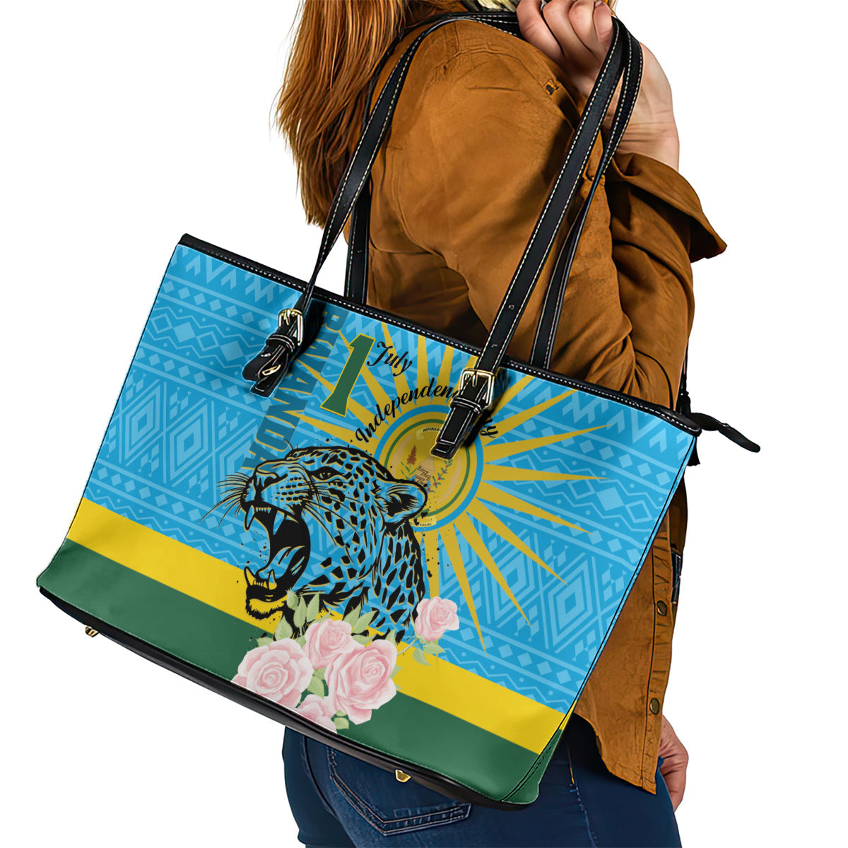 Rwanda Independence Day Leather Tote Bag Leopard With Roses LT01