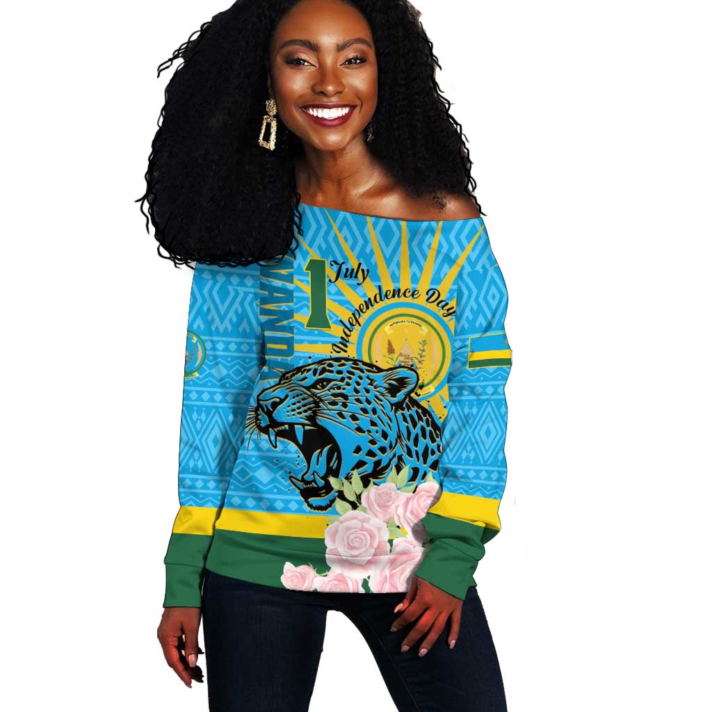 Rwanda Independence Day Off Shoulder Sweater Leopard With Roses LT01