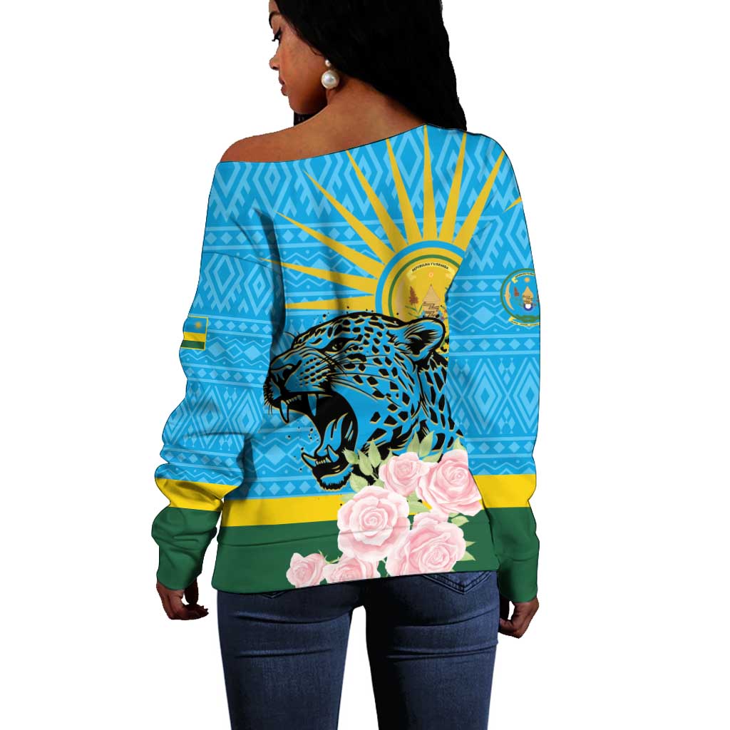 Rwanda Independence Day Off Shoulder Sweater Leopard With Roses LT01
