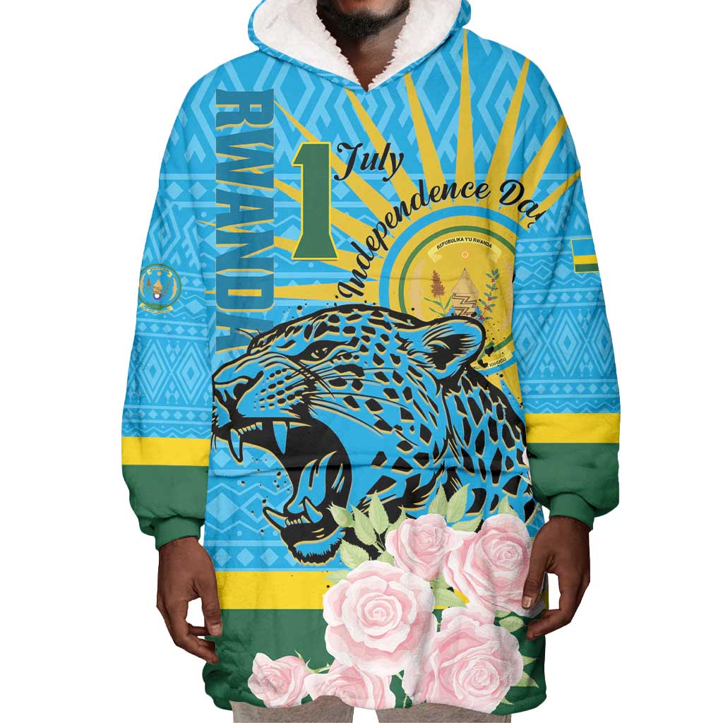 Rwanda Independence Day Wearable Blanket Hoodie Leopard With Roses LT01