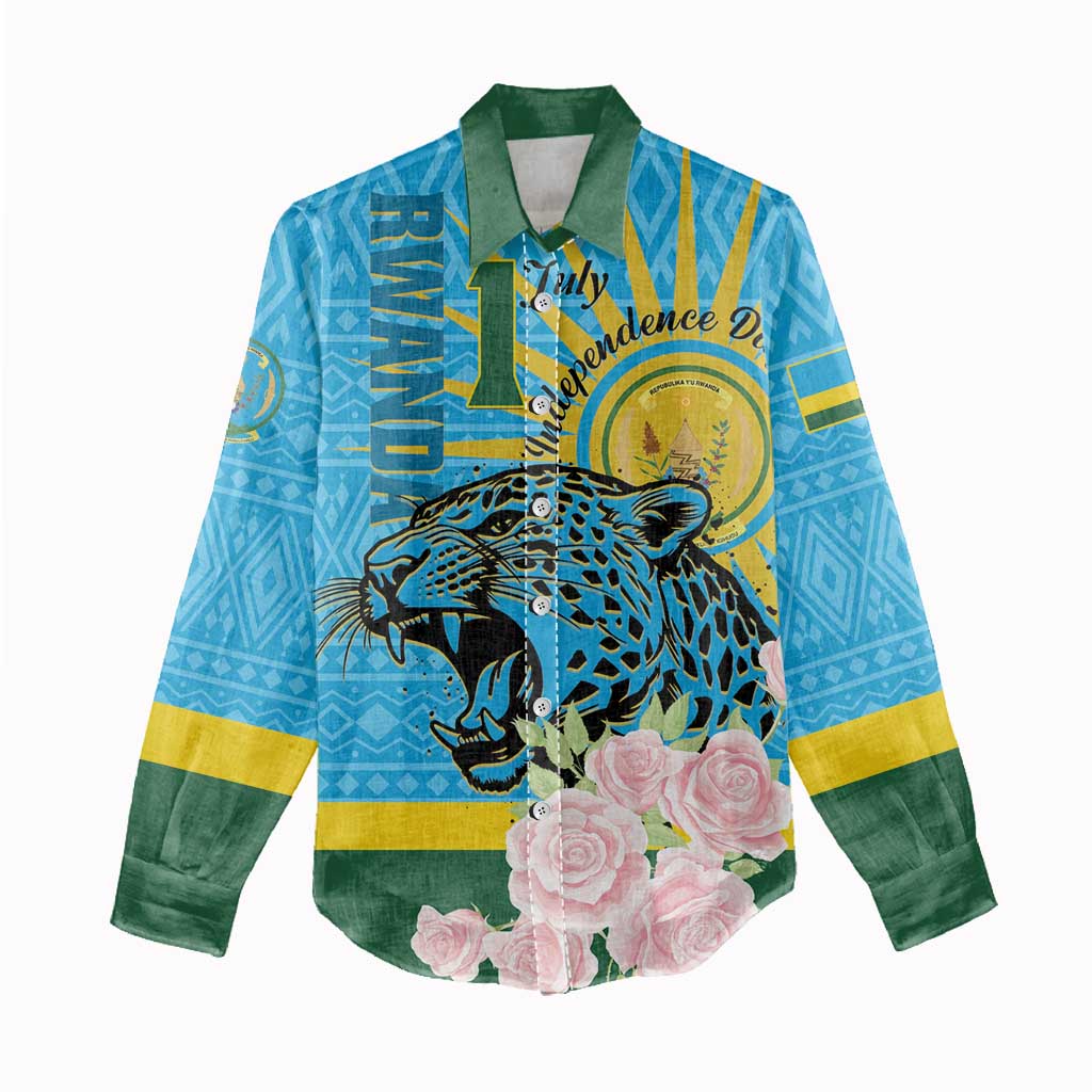 Rwanda Independence Day Women Casual Shirt Leopard With Roses LT01