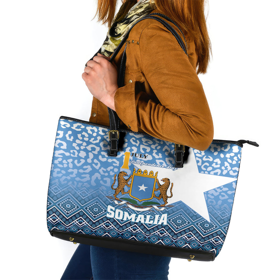 Somalia Independence Day 2024 Leather Tote Bag Somali Star Leopard Mix African Pattern LT01