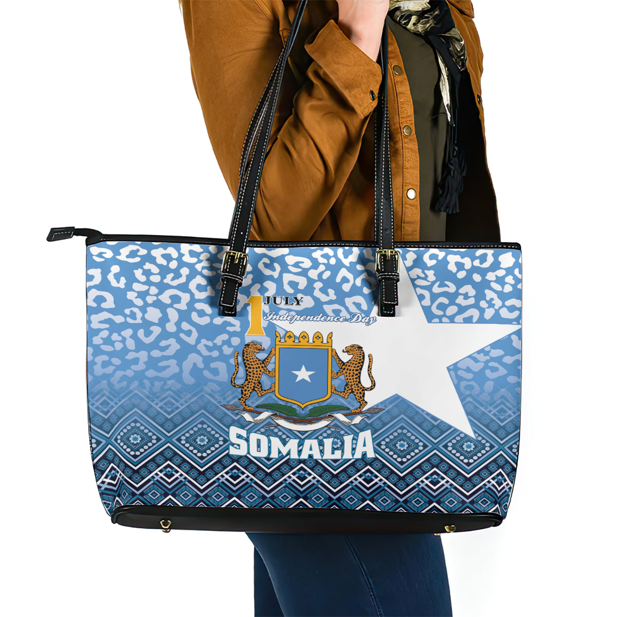 Somalia Independence Day 2024 Leather Tote Bag Somali Star Leopard Mix African Pattern LT01