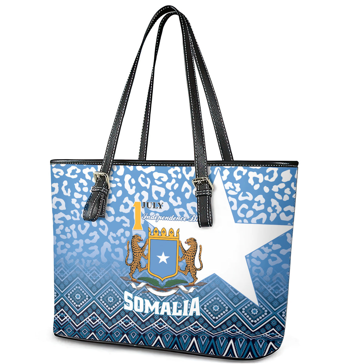 Somalia Independence Day 2024 Leather Tote Bag Somali Star Leopard Mix African Pattern LT01