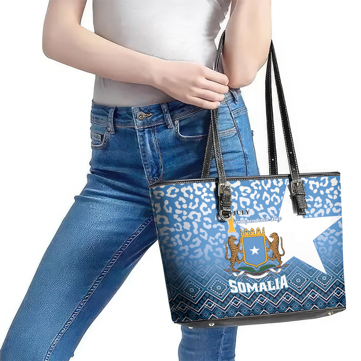 Somalia Independence Day 2024 Leather Tote Bag Somali Star Leopard Mix African Pattern LT01