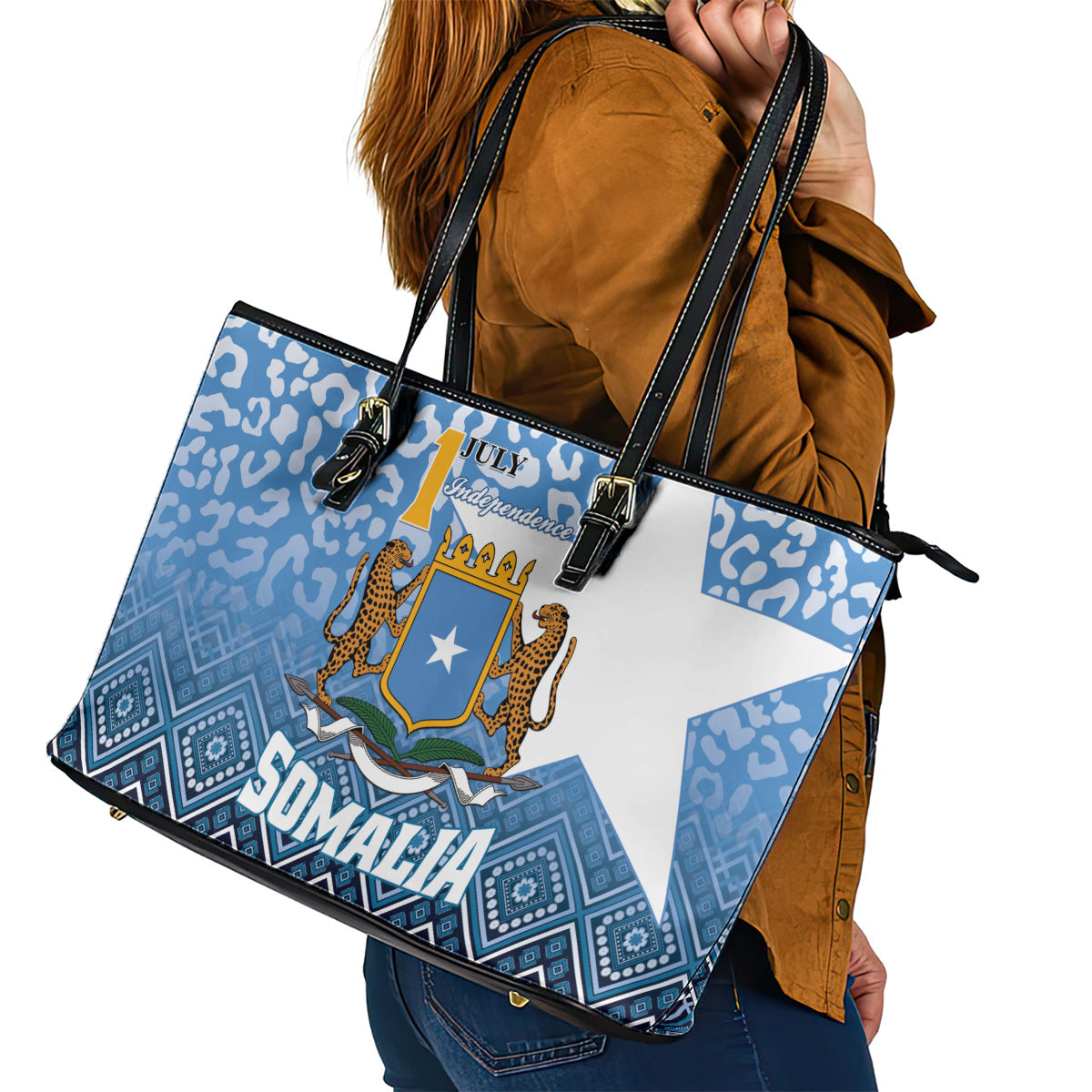 Somalia Independence Day 2024 Leather Tote Bag Somali Star Leopard Mix African Pattern LT01