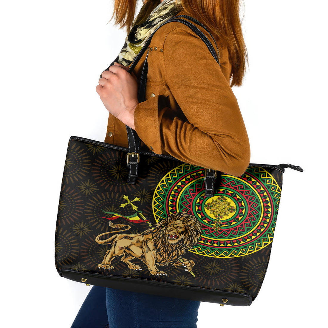 Ethiopia National Day Leather Tote Bag Lion Of Judah African Pattern LT01