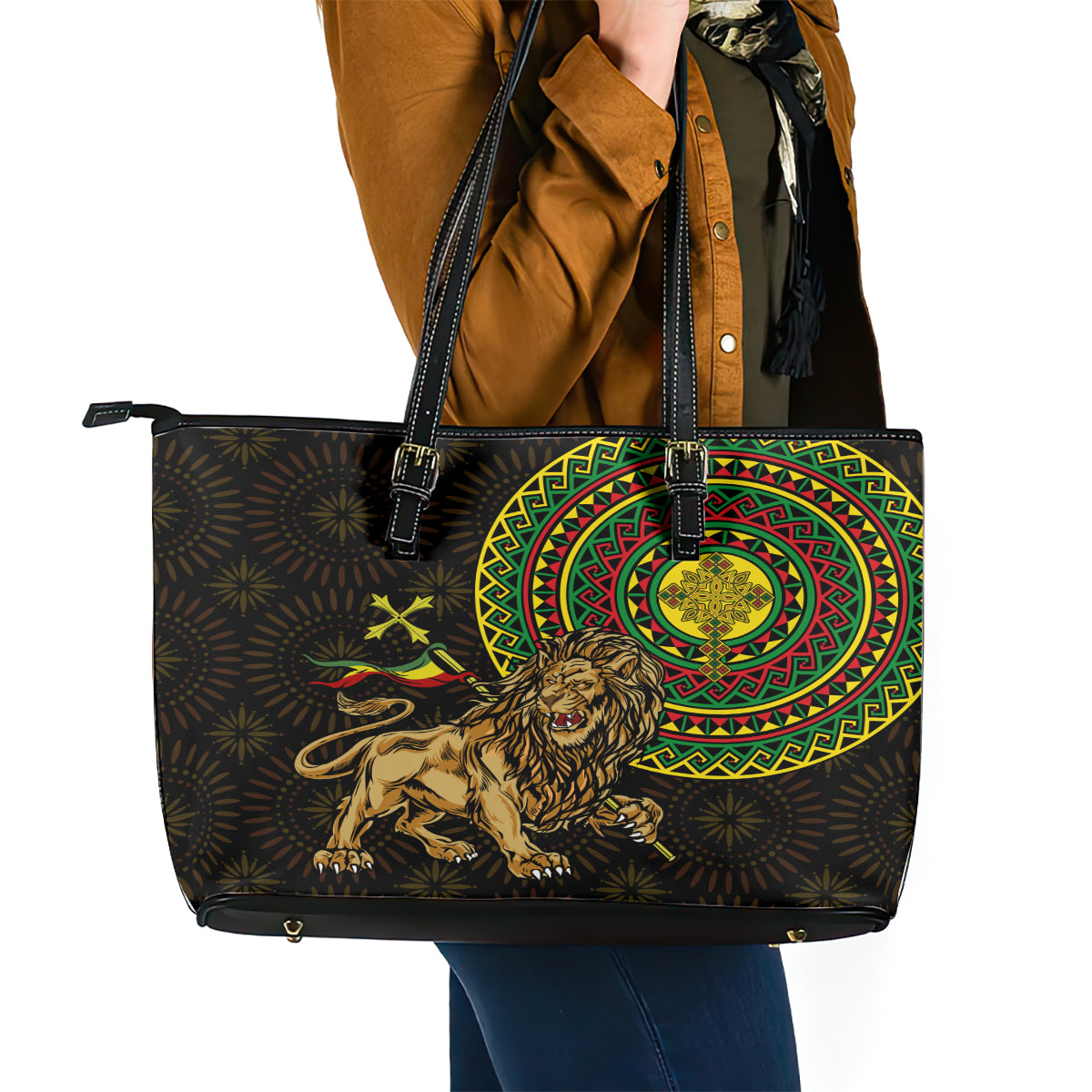 Ethiopia National Day Leather Tote Bag Lion Of Judah African Pattern LT01