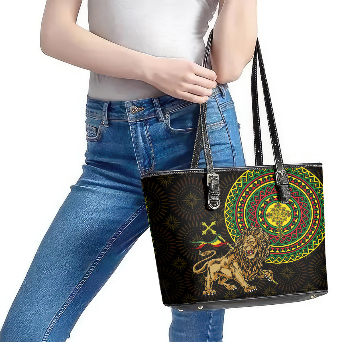 Ethiopia National Day Leather Tote Bag Lion Of Judah African Pattern LT01