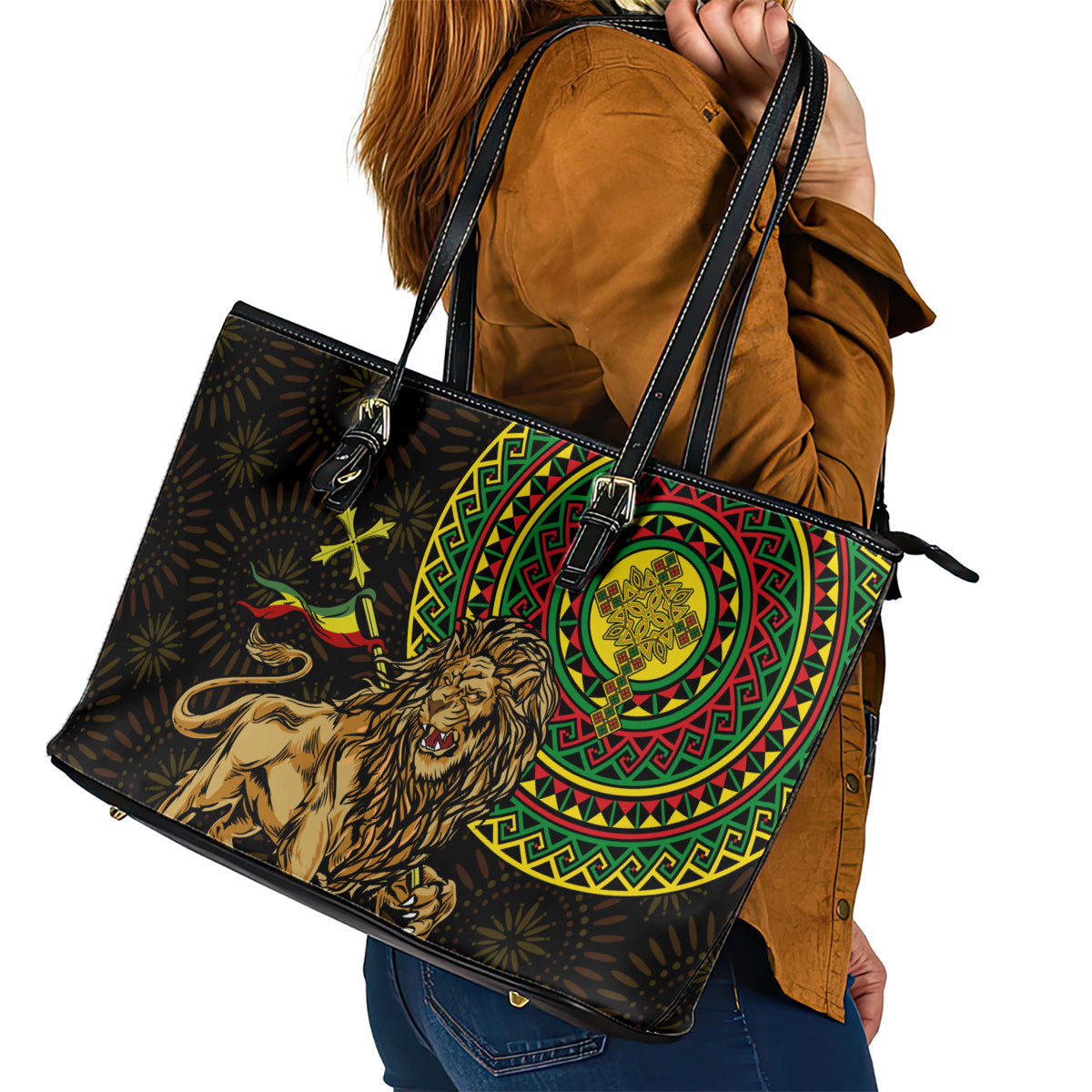 Ethiopia National Day Leather Tote Bag Lion Of Judah African Pattern LT01