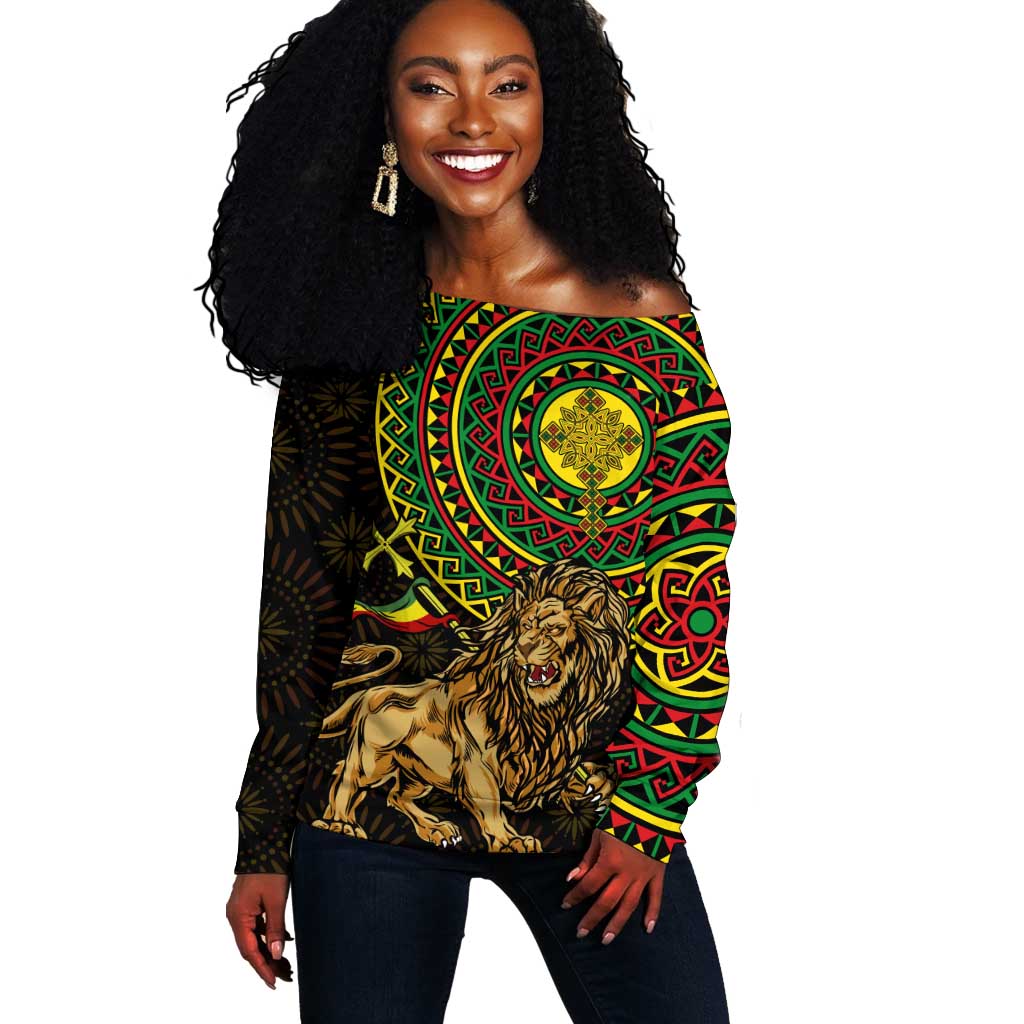 Ethiopia National Day Off Shoulder Sweater Lion Of Judah African Pattern LT01