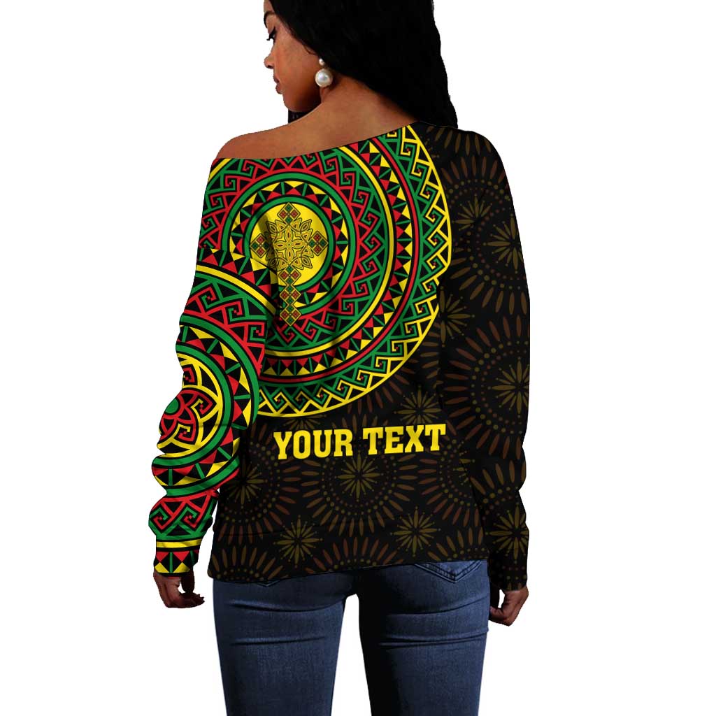 Ethiopia National Day Off Shoulder Sweater Lion Of Judah African Pattern LT01