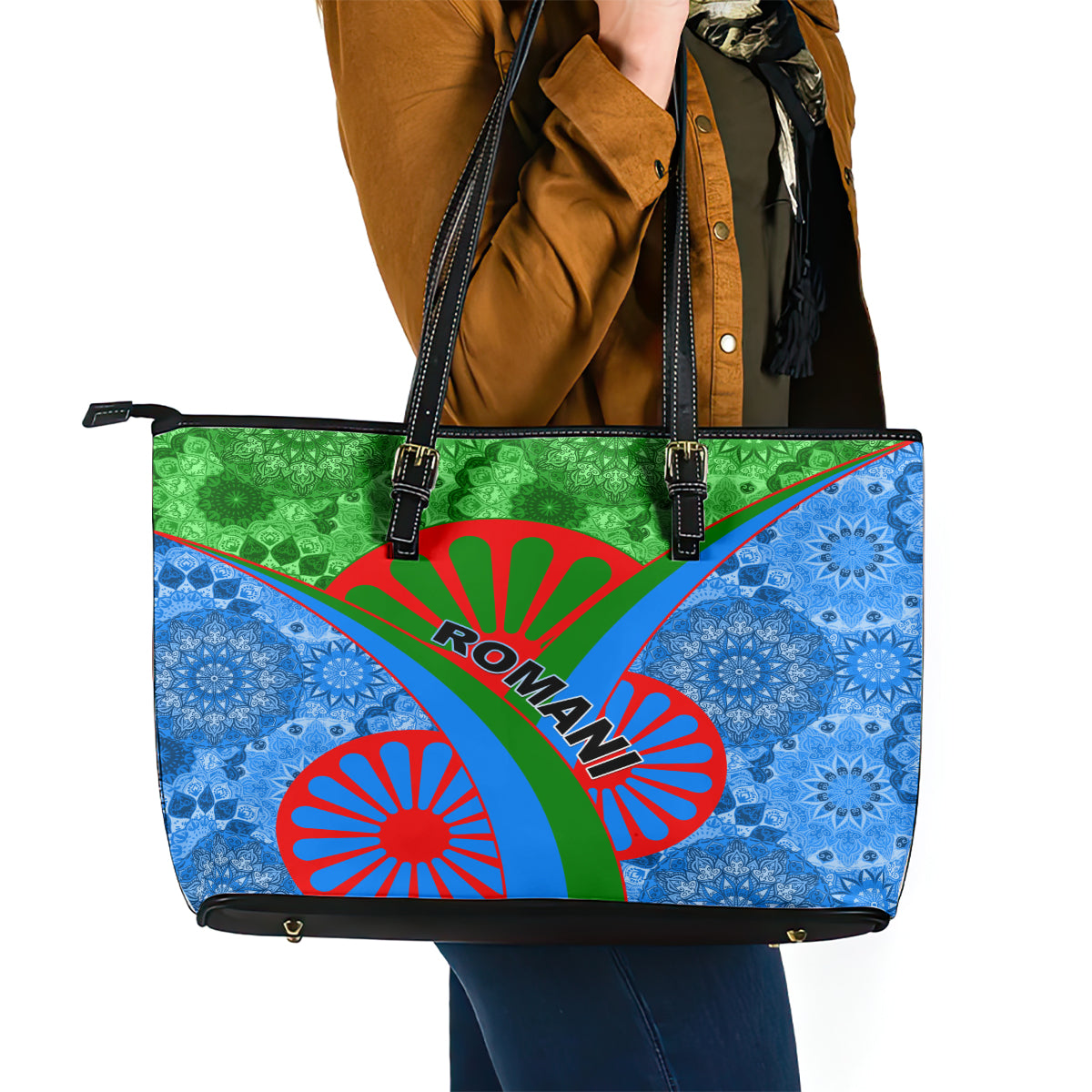 International Romani Day 2024 Leather Tote Bag Gypsy Pattern Tribal LT01