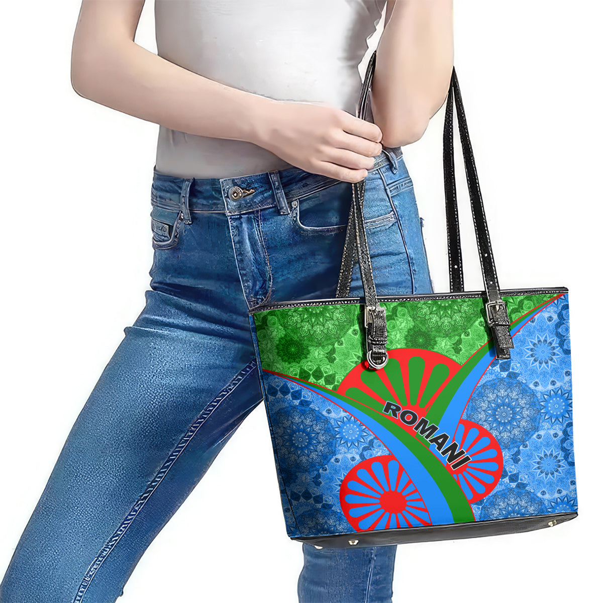 International Romani Day 2024 Leather Tote Bag Gypsy Pattern Tribal LT01