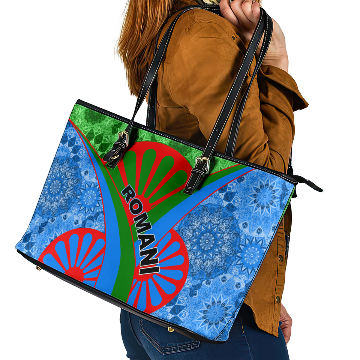 International Romani Day 2024 Leather Tote Bag Gypsy Pattern Tribal LT01