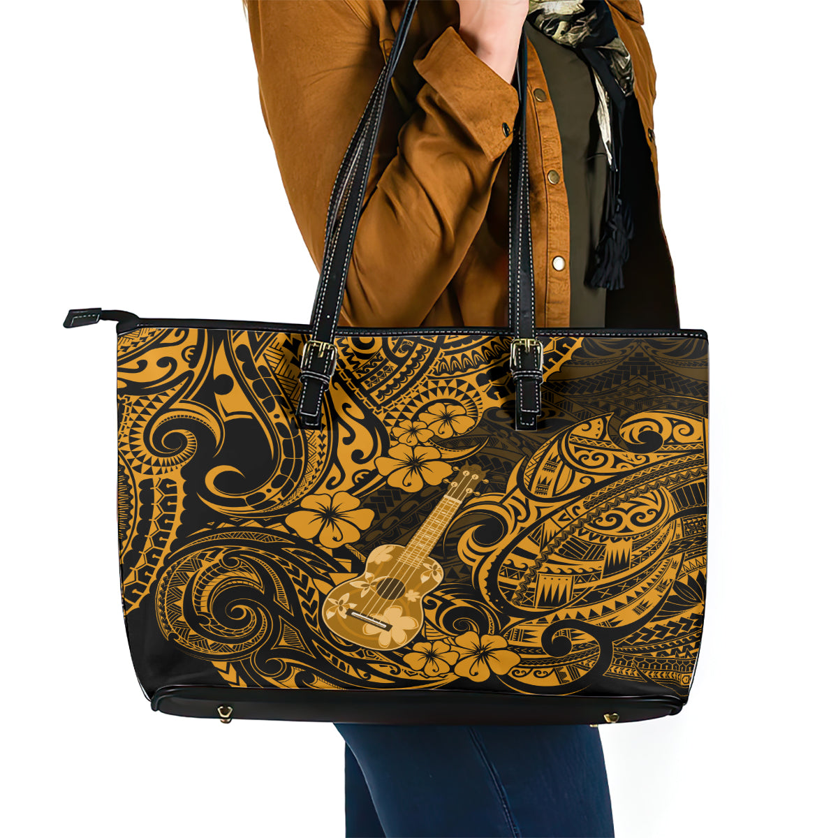 Hawaii Ukulele Leather Tote Bag Polynesian Pattern Gold Version LT01