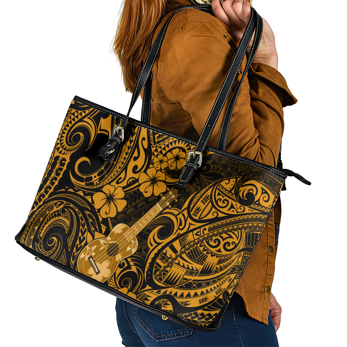Hawaii Ukulele Leather Tote Bag Polynesian Pattern Gold Version LT01