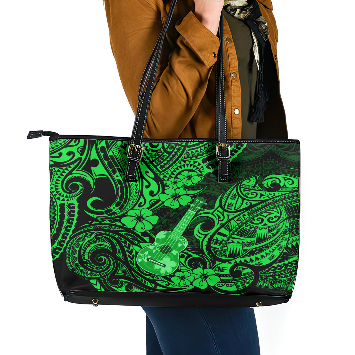 Hawaii Ukulele Leather Tote Bag Polynesian Pattern Green Version LT01