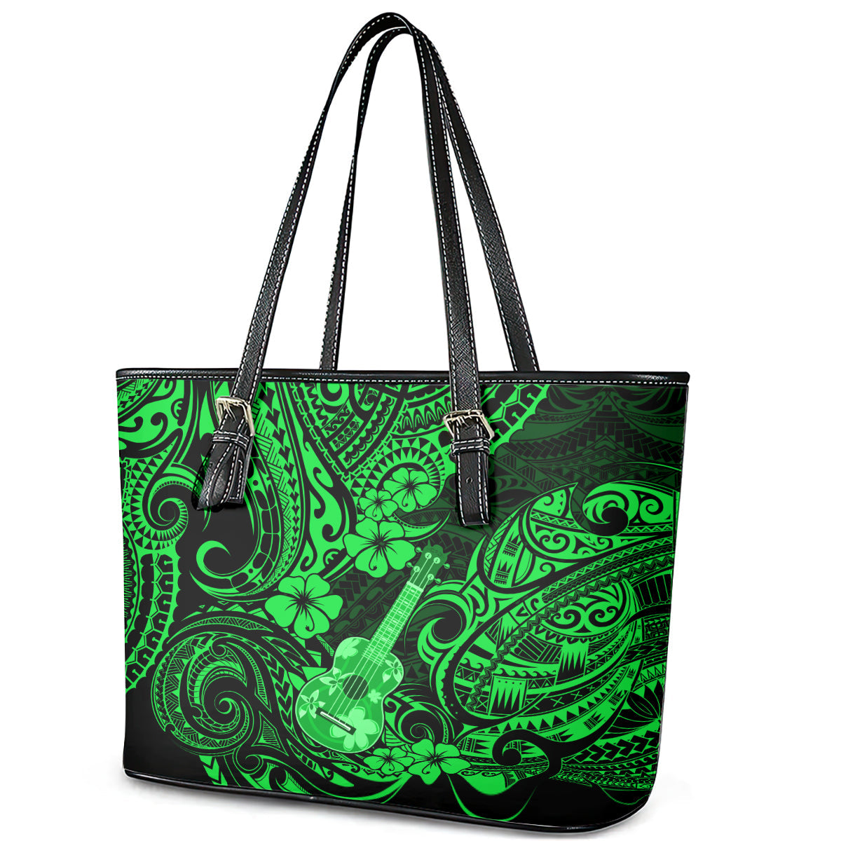 Hawaii Ukulele Leather Tote Bag Polynesian Pattern Green Version LT01