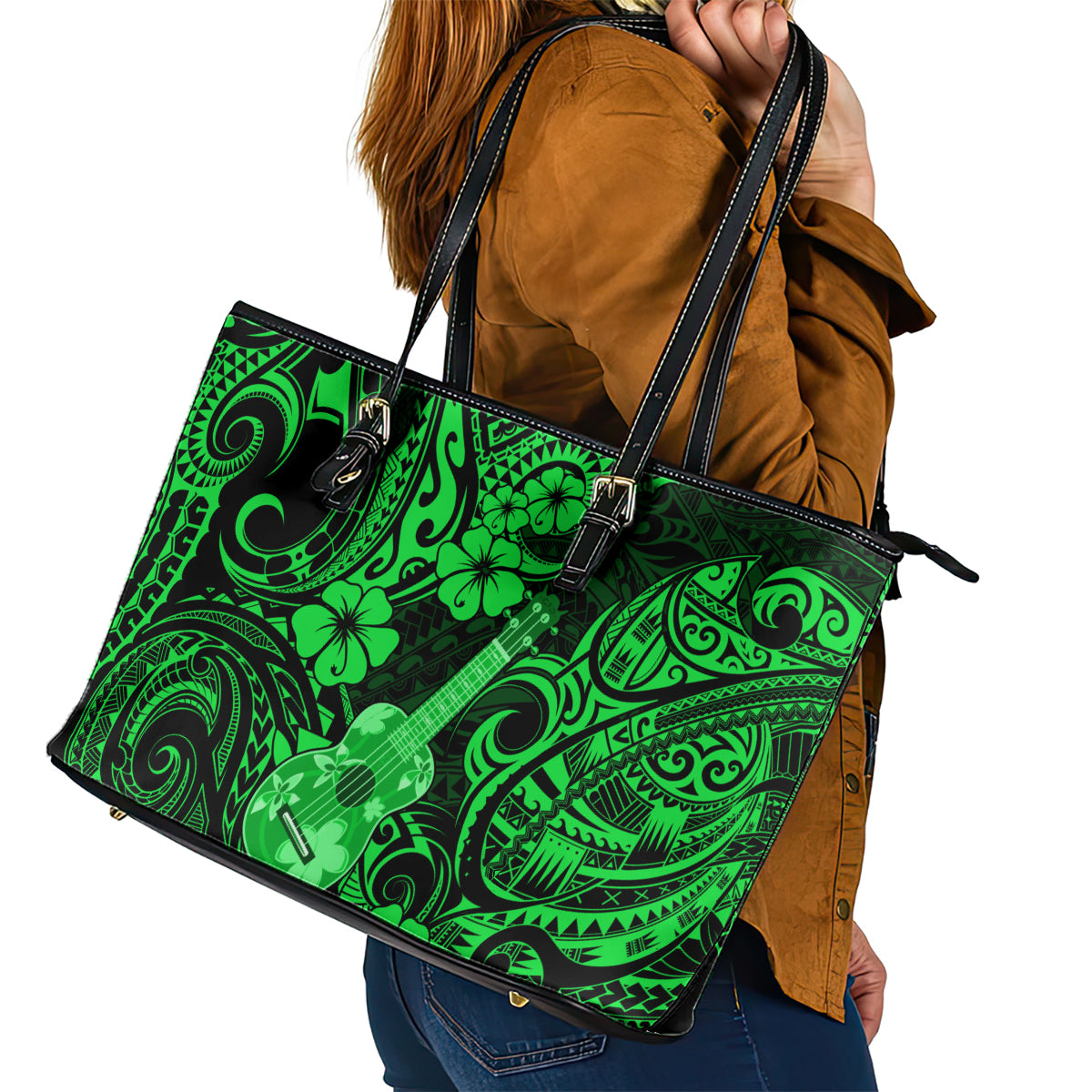 Hawaii Ukulele Leather Tote Bag Polynesian Pattern Green Version LT01