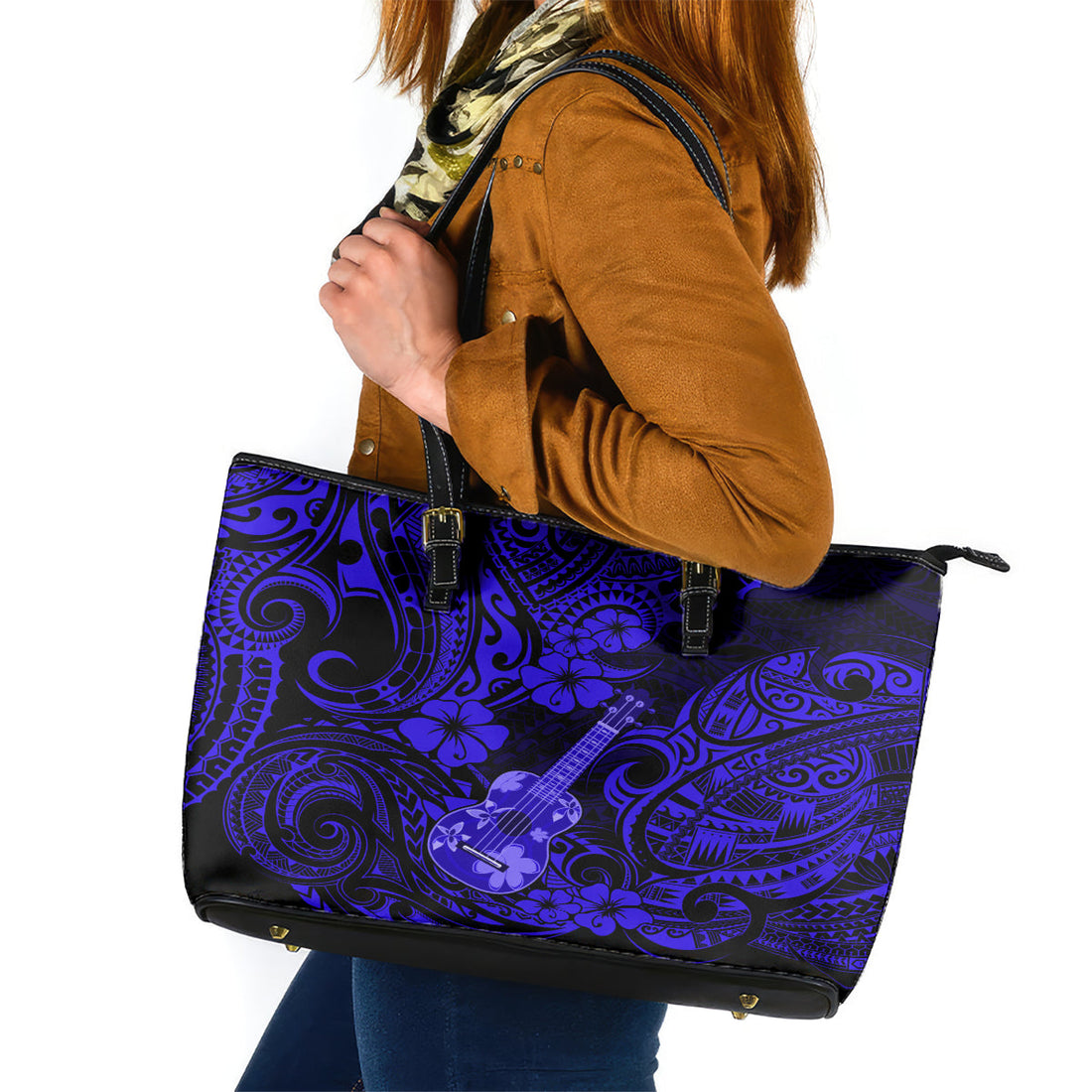 Hawaii Ukulele Leather Tote Bag Polynesian Pattern Navy Blue Version LT01